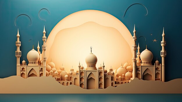 Background of happy ramadan kareem illustration of abstract paper cut mosque crescent AI generated