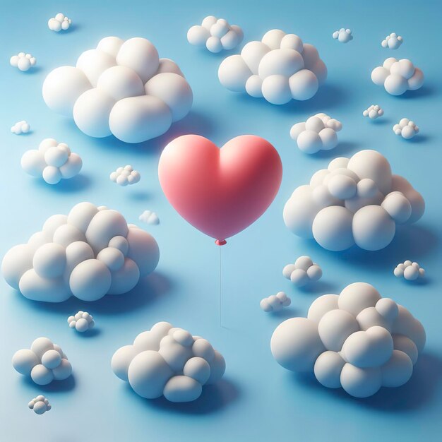 background of heart shaped balloon between flat clouds with blue background