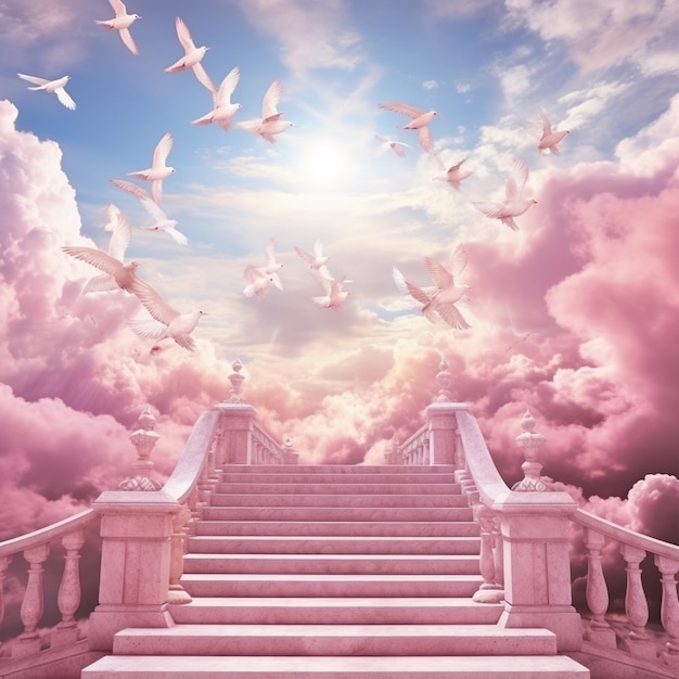 Premium AI Image | A background of heaven pink stairs with pink clouds