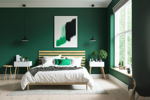 Background of a house in a modern design with a comfortable green bedroom