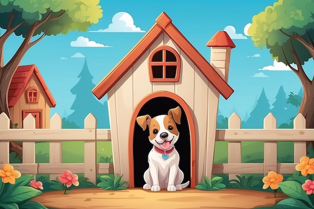 Photo background illustration cute dog in front of a dog house