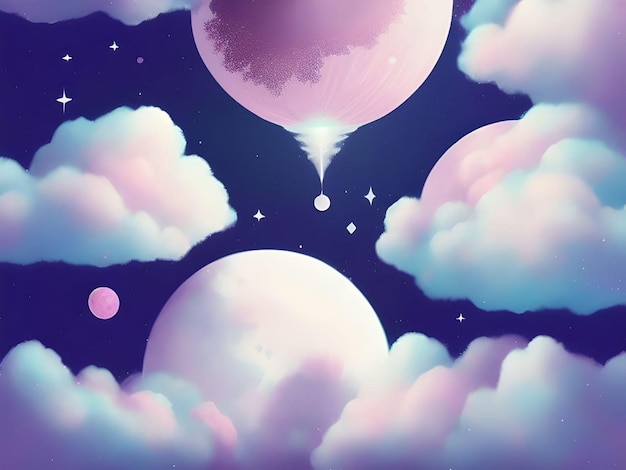 Photo background illustration of purplish clouds and planets with stars concept