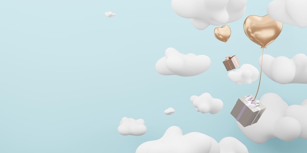 Immagine di sfondo di palloncini e scatole regalo che galleggiano nel cielo blu in una giornata nuvolosa di capodanno