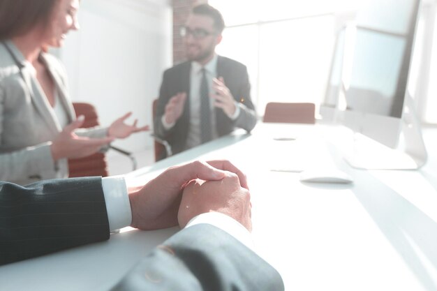 Background image business woman conducting a meeting