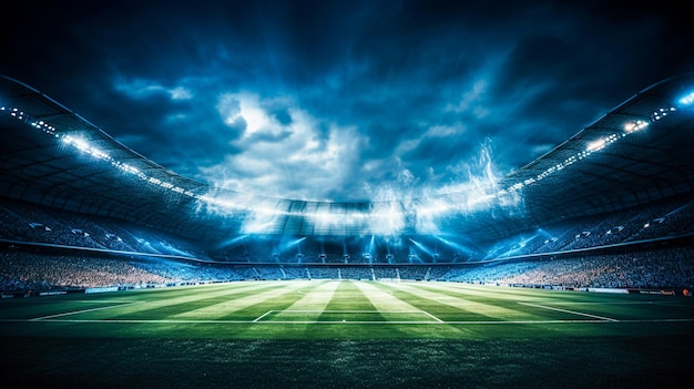 Фоновое изображение футбольного стадиона С прожекторами, светящимися Generative Ai