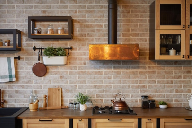 Background image of kitchen interior with brick wall and rustic decor elements copy space