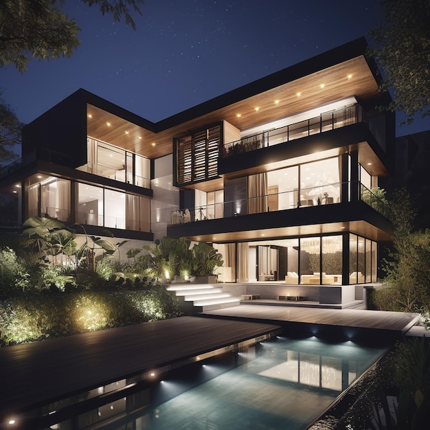 Background image of modern villa residential night view