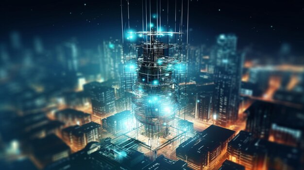 Background image shows a 5G global network technology communication antenna tower for wireless high speed internet Generative AI