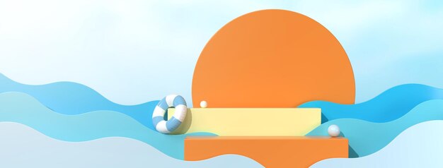 background image there is a stage for displaying sunscreen products in blue and orange tones.