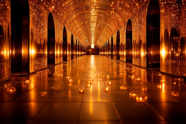 ライトのあるトンネルの黄金の道の背景画像