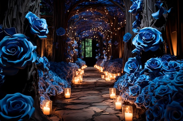 background image of tunnel path of blue roses