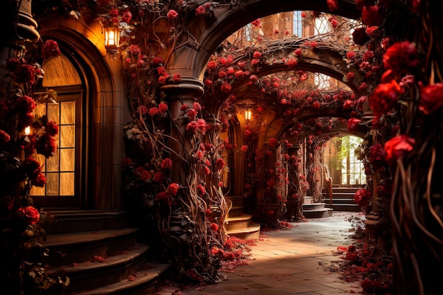 background image of tunnel path of red roses