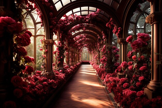 Photo background image of tunnel path of red roses