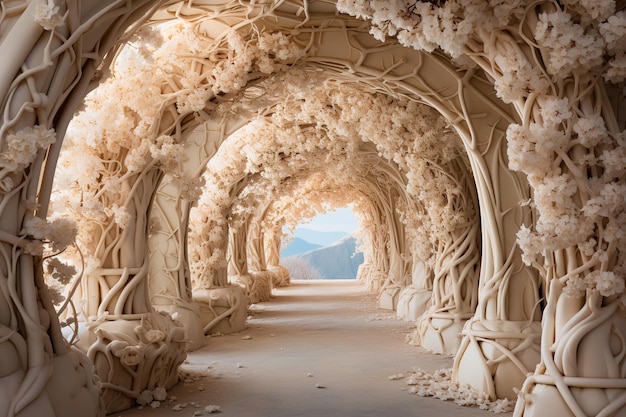 background image of tunnel path of white roses