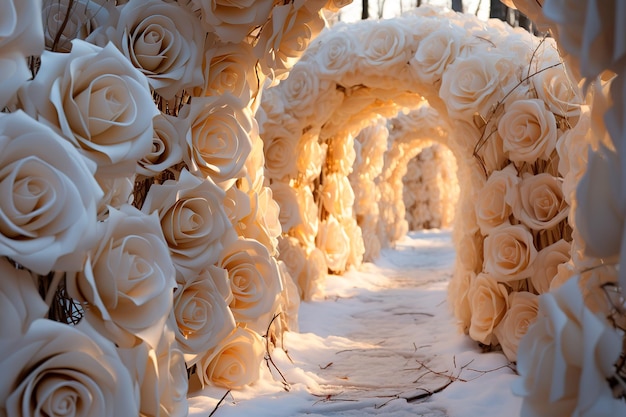 background image of tunnel path of white roses