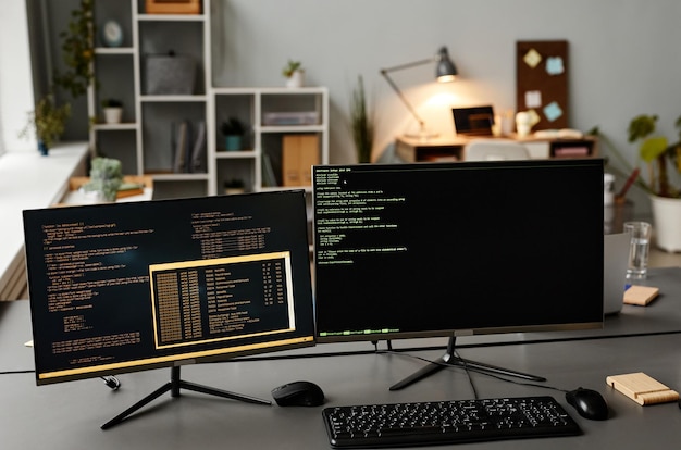 Background image of two computers at workplace with code lines on screen in it developers office cop