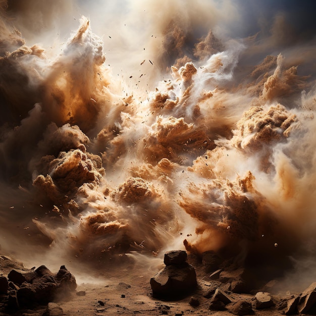 background image with cracks in the ground a lot of white smoke and particles of stones and dust