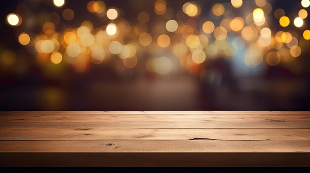 На заднем плане изображение деревянного стола перед абстрактными размытыми огнями ресторана