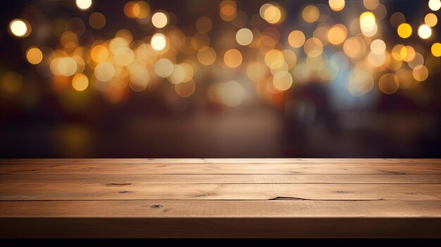 Background Image of wooden table in front of abstract blurred restaurant lights