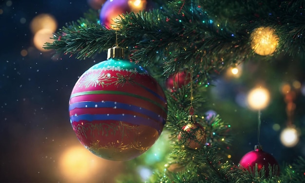 background of inside decorated Christmas fir tree with colorful lights close up