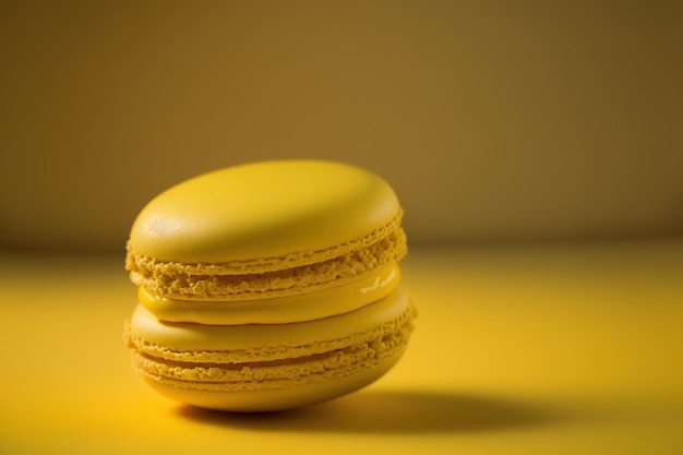 On a background of intense yellow a hard light of a yellow macaron pastry is seen