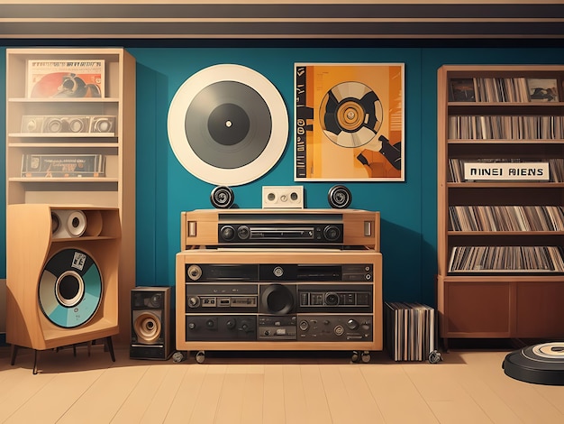 Photo a background the interior a vintage record store with shelves of vinyl records listening station