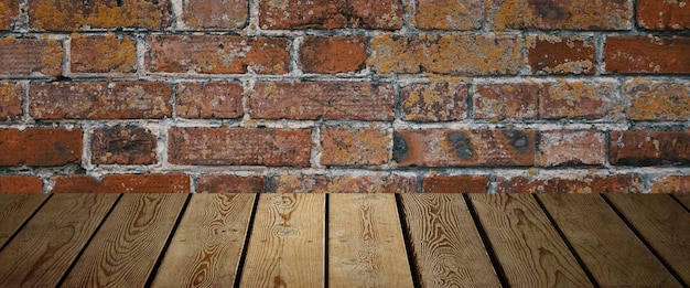 The background is blank wooden boards and a textured brick wall with lighting and vignetting