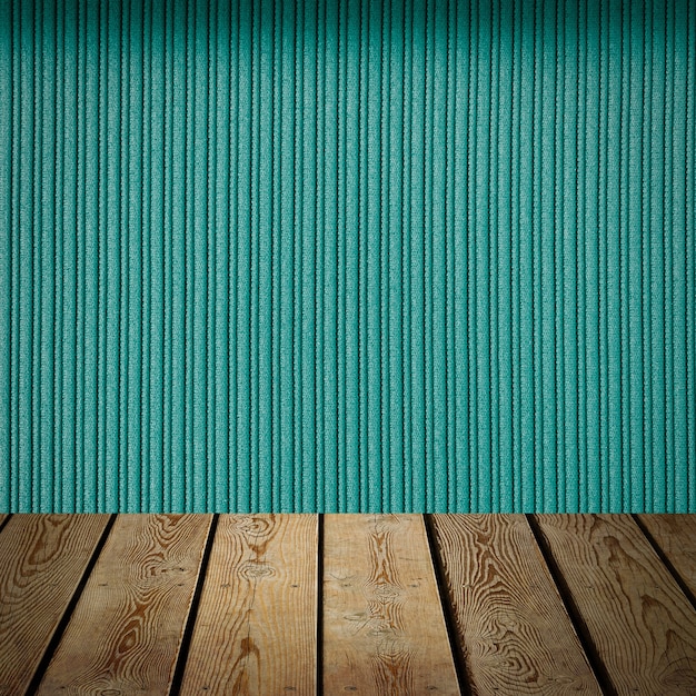The background is blank wooden boards and a textured striped wall with gradient lighting