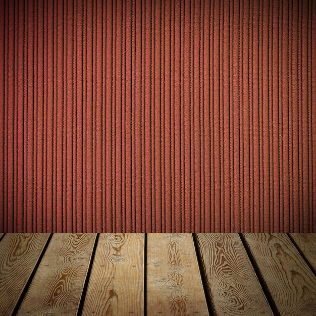 The background is blank wooden boards and a textured striped wall with gradient lighting