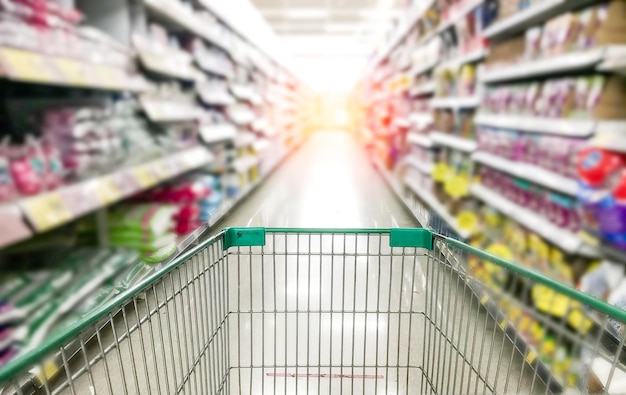 The background is blurred in the aisle of the supermarket shelves inside the shopping cart there is a blank space to put the necessary products