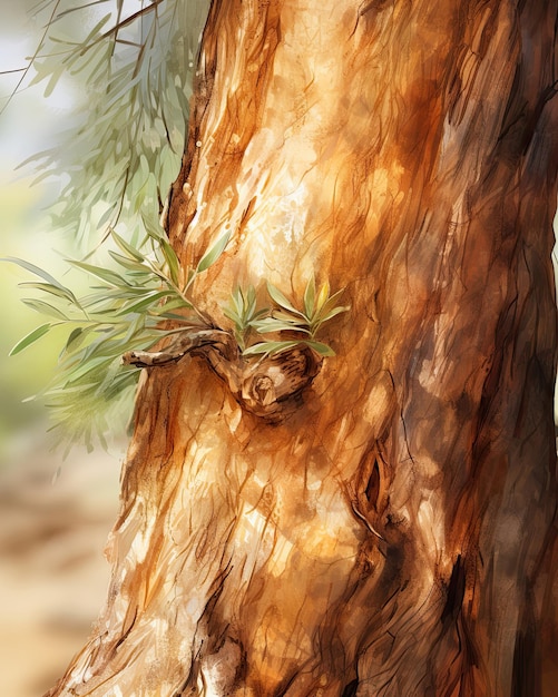 The background is blurry in a closeup of a tree trunk Generative AI
