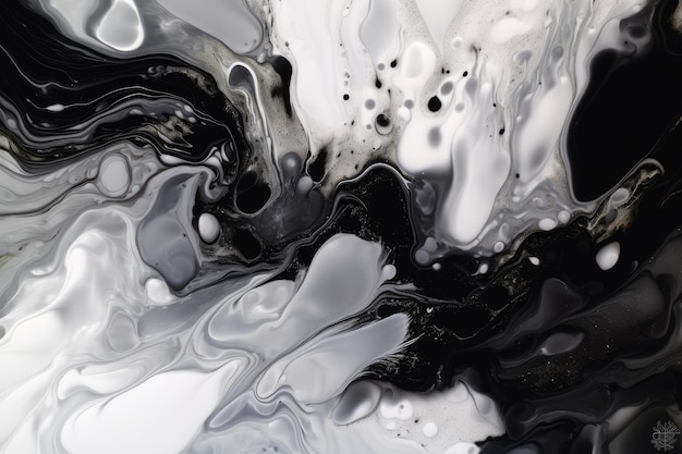 The background is created through a contemporary acrylic pour technique showcasing beautiful swirls of black and white paint with white particles