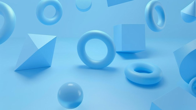 The background is light blue with 3D objects floating around