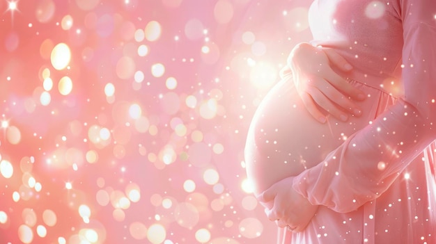 Photo the background is light pink with a glittering white light and a sacred pregnant womans tummy