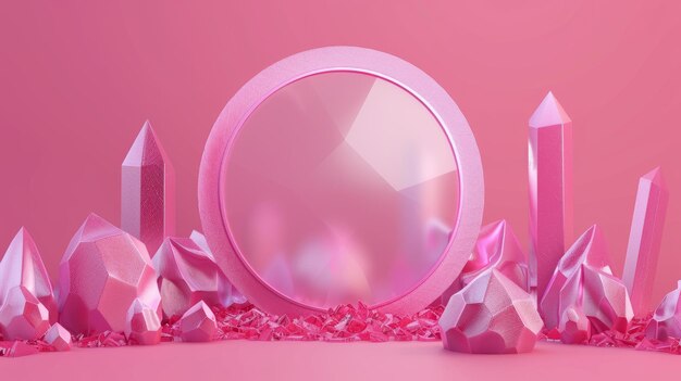 The background is pink with geometric shapes in 3D while the circle plate in the middle has a glassmorphism design