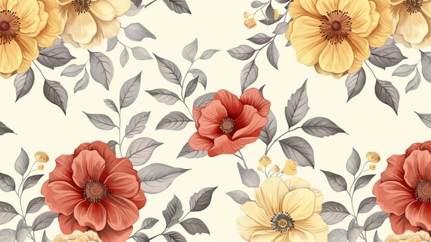 The background is seamless with floral patterns