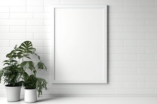 Background is a white tile wall with a blank image frame