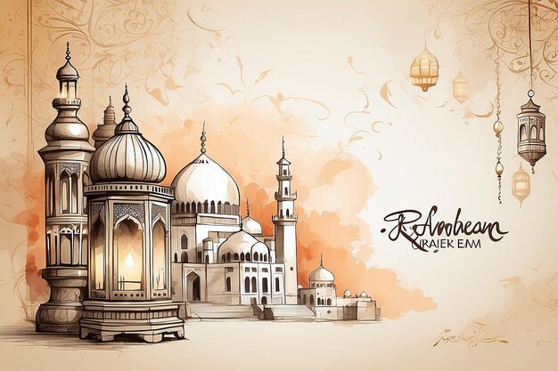 background islamic greetings ramadan kareem card design with mosque and lantern