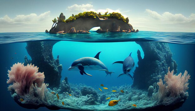 Фон островов и подводный коралловый риф с тропическими морскими рыбами и прыгающими дельфинами