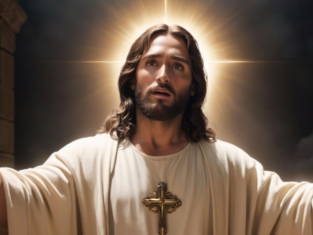 예수 그리스도의 배경은 두 팔을 펴고 머리 뒤에 빛이 있는 어두운 갈색의 등입니다.