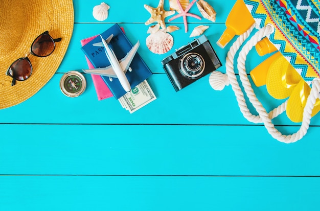 Background journey. Sea tour, items. Selective focus.