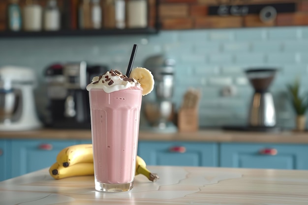 Background of a kitchen with a milkshake and banana Generative AI