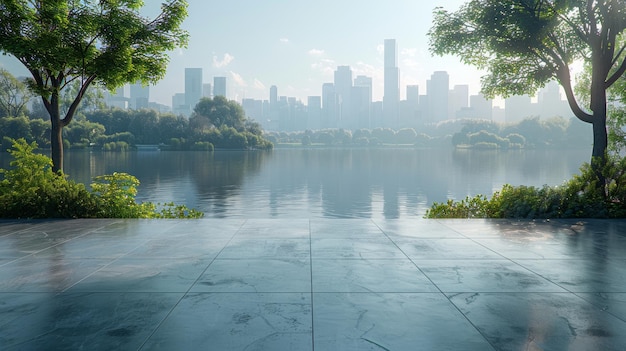 Background of lake garden and modern city skyline with cement floor