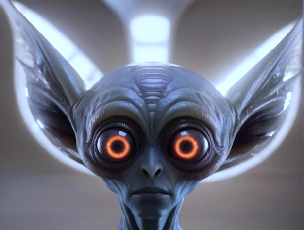 background of lilac alien head with big ears and bright orange eyes lit from behind on ligh