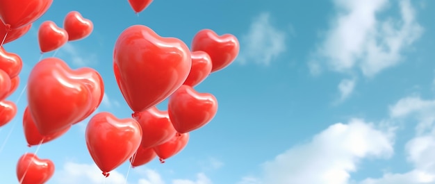 background Love shaped balloons flying in clear sky for celebration