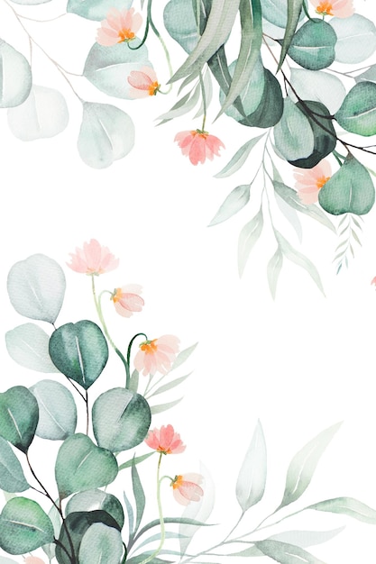 Background made of green watercolor eucalyptus leaves and pink flowers wedding illustration