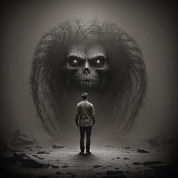 Foto sullo sfondo di un uomo con le spalle alla telecamera che guarda la sua testa mostruosa in un ambiente buio