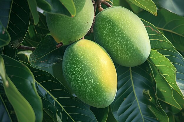 Фон дерева манго Молодые зеленые фрукты, висящие с листьями