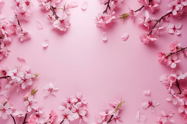 Background of many sakura flowers on pink background Spring floral design Copy space