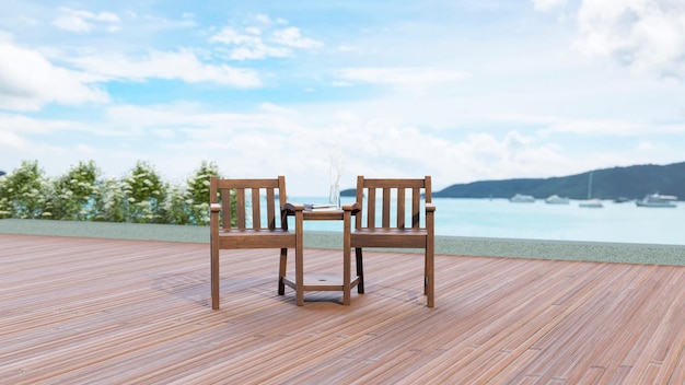 Background of minimal outdoor lounging terrace and chair seat with sea and cruise view 3D illustration rendering